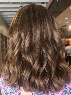 View Women's Hair, Hair Color, Brunette, Balayage, Shoulder Length, Hair Length, Beachy Waves, Hairstyles - Liz Huffman, Dallas, TX