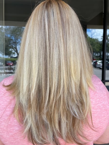 Image of  Women's Hair, Balayage, Hair Color, Blonde, Layered, Haircuts, Straight, Hairstyles