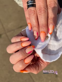View Almond, Orange, Nail Color, Pink, Ombre, Nail Style, Nail Art, Nail Length, Medium, Nails, Manicure, Nail Shape - Veronica Luviano, Dallas, TX