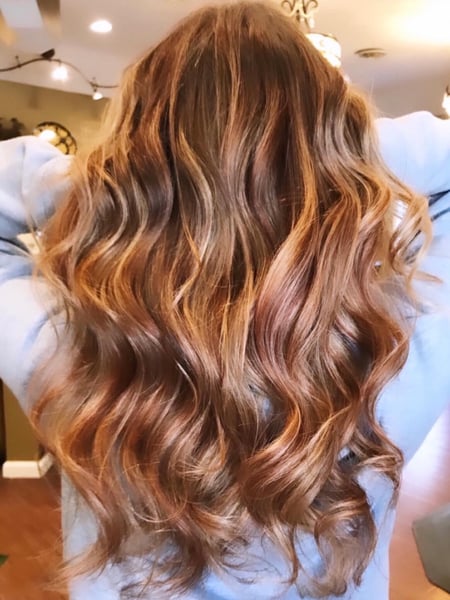 Image of  Layered, Haircuts, Women's Hair, Hairstyles, Curly, Hair Color, Highlights, Red, Blonde, Foilayage, Balayage, Long, Hair Length