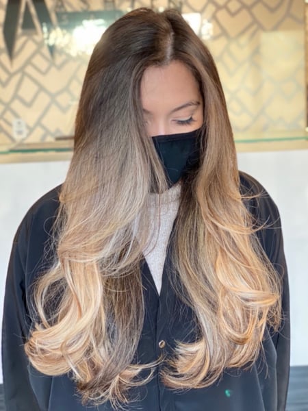 Image of  Women's Hair, Blowout, Hair Color, Balayage, Blonde, Brunette, Fashion Color, Foilayage, Full Color, Highlights, Ombré, Medium Length, Hair Length, Long, Layered, Haircuts, Beachy Waves, Hairstyles