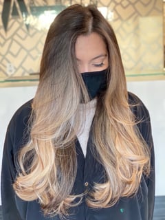 View Medium Length, Hairstyles, Beachy Waves, Haircuts, Layered, Long, Hair Length, Ombré, Highlights, Full Color, Foilayage, Fashion Color, Brunette, Blonde, Balayage, Hair Color, Blowout, Women's Hair - Rosy Martinez, Corona del Mar, CA
