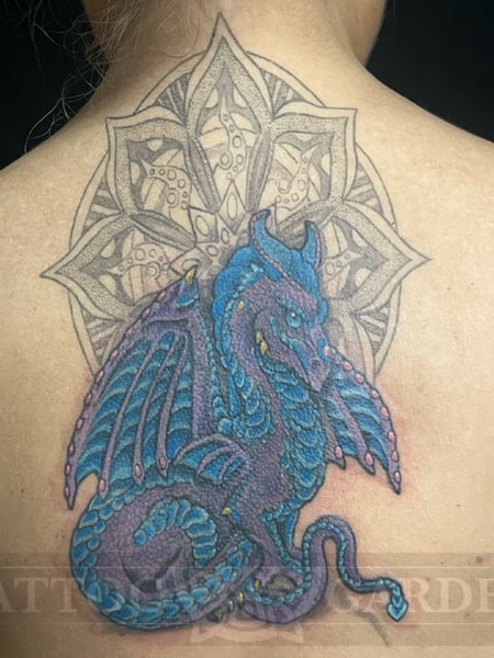 Image of  Tattoos, Tattoo Style, Tattoo Bodypart, Tattoo Colors, Geometric, Neo Traditional, Pet & Animal, Back, Blue, Purple , Silver