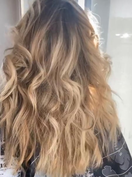 Image of  Women's Hair, Balayage, Hair Color, Blonde, Color Correction, Foilayage, Full Color, Highlights, Hair Length, Long, Curly, Haircuts, Layered, Beachy Waves, Hairstyles, Curly, Permanent Hair Straightening, Keratin