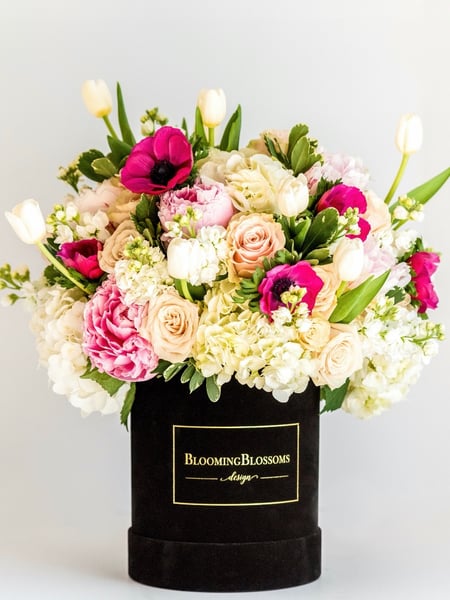 Image of  Florist, Arrangement Type, Centerpiece, Bouquet, Occasion, Anniversary, Valentine's Day, Congratulations, Love & Romance, Birthday, Mother's Day, Size & Display, Large, Color, White, Purple, Green, Pink, Ivory, Flower Type, Rose, Tulip, Balloon Decor, Event Type, Birthday, Anemone, Peonies, Stock