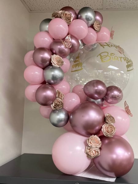 Image of  Balloon Decor, Arrangement Type, Balloon Garland, Balloon Arch, Event Type, Birthday, Colors, Pink, Accents, Flowers