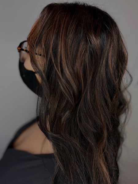 Image of  Women's Hair, Balayage, Hair Color, Black, Brunette, Foilayage, Beachy Waves, Hairstyles