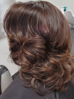 View Women's Hair, Hair Color, Brunette, Full Color, Hair Length, Shoulder Length, Haircuts, Layered, Curly, Hairstyles, Blowout - Misty Al-Eryani, Indianapolis, IN