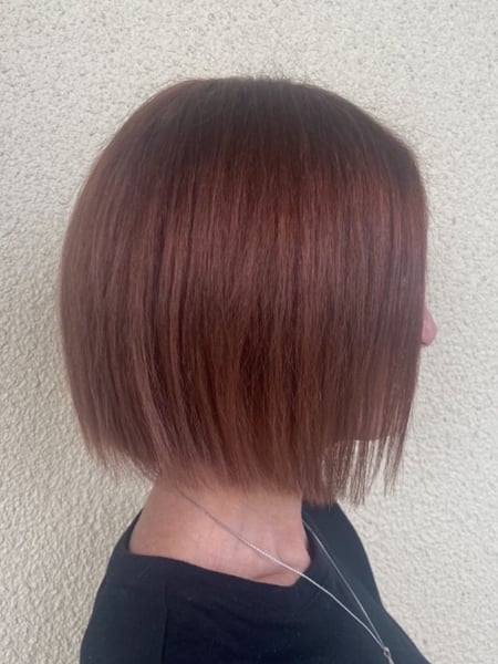Image of  Women's Hair, Blowout, Hair Color, Full Color, Red, Short Chin Length, Hair Length, Bob, Haircuts, Straight, Hairstyles