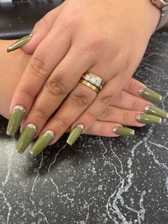 View Nails, Nail Shape, Coffin, Nail Style, Hand Painted, Glitter, Nail Color, Green, Nail Length, Long, Gel, Nail Finish, Acrylic - Grace Thomsen, West Des Moines, IA