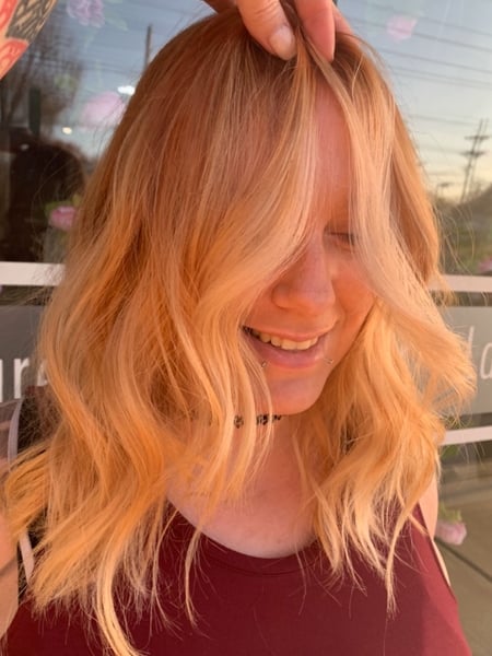 Image of  Women's Hair, Blowout, Hair Color, Balayage, Blonde, Color Correction, Fashion Color, Foilayage, Full Color, Highlights, Ombré, Red, Hair Length, Medium Length, Haircuts, Layered, Hairstyles, Beachy Waves