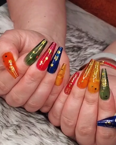 Image of  Nails, Manicure, Blue, Nail Color, Green, Orange, Red, Acrylic, Nail Finish, Long, Nail Length, Ballerina, Nail Shape, Stickers, Nail Style