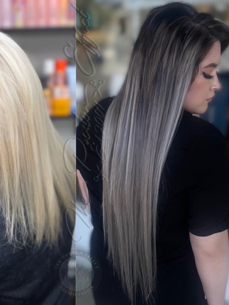 Image of  Women's Hair, Balayage, Hair Color, Color Correction, Silver, Long, Hair Length, Hair Extensions, Hairstyles, Straight, Hair Restoration