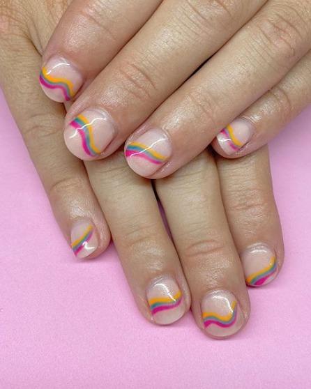 Image of  Nails, Manicure, Nail Color, Clear, Blue, Yellow, Pink, Basic Nail Polish, Nail Finish, Short, Nail Length, Nail Art, Nail Style, Hand Painted
