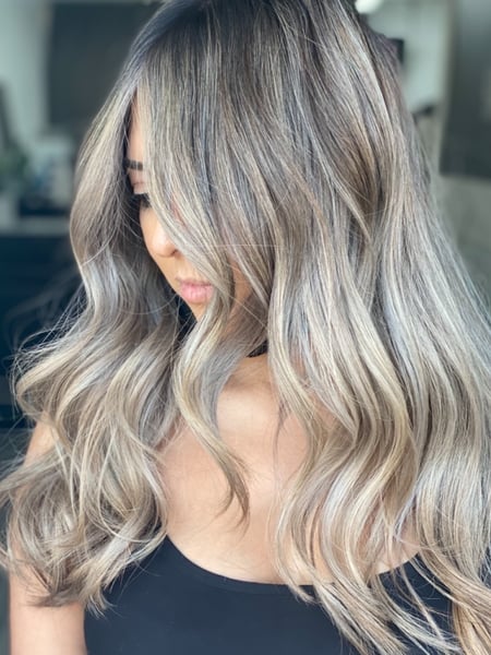 Image of  Women's Hair, Blowout, Hair Color, Balayage, Color Correction, Fashion Color, Silver, Long, Hair Length, Layered, Haircuts, Hairstyles, Curly, Keratin, Permanent Hair Straightening, Hair Restoration