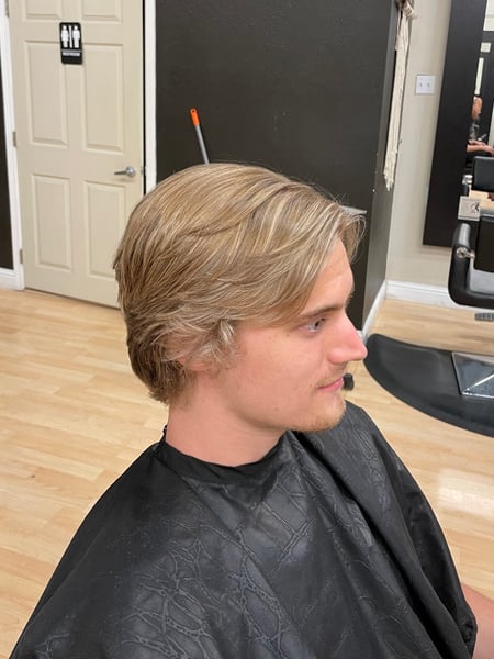 Image of  Scissor Cut, Haircut, Men's Hair, Classic Cut, Short Ear Length Hair, Hairstyles, Long Hair, Hair Color, Blonde, Highlights
