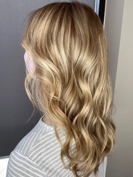 Image of  Women's Hair, Blowout, Hair Color, Blonde, Brunette, Balayage, Foilayage, Full Color, Highlights, Ombré, Medium Length, Hair Length, Blunt, Haircuts, Layered, Beachy Waves, Hairstyles