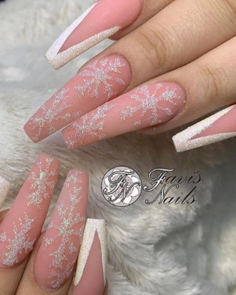 Image of  Nails, Pink, Nail Color, White, Glitter, Acrylic, Nail Finish, Long, Nail Length, Coffin, Nail Shape, Hand Painted, Nail Style, Mix-and-Match