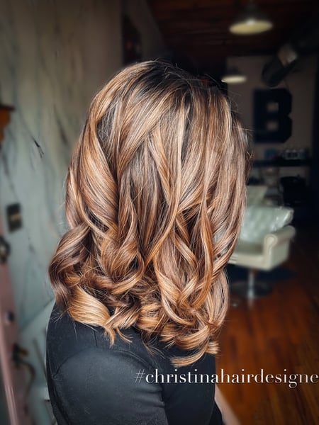 Image of  Women's Hair, Hair Color, Brunette, Balayage, Foilayage, Shoulder Length, Hair Length, Medium Length, Layered, Haircuts, Curly, Hairstyles, Hair Restoration