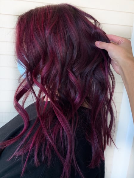Image of  Women's Hair, Hair Color, Fashion Color, Full Color, Red, Medium Length, Hair Length, Hairstyles, Beachy Waves, Curly