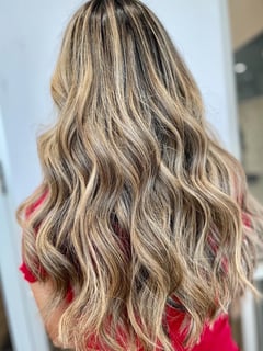View Haircut, Women's Hair, Layers, Hair Length, Long Hair (Mid Back Length), Blonde, Hair Color, Foilayage, Hairstyle, Beachy Waves - Stephanie Tocco, Sterling Heights, MI