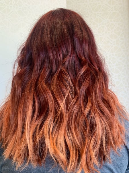 Image of  Women's Hair, Blowout, Hair Color, Balayage, Blonde, Fashion Color, Foilayage, Ombré, Red, Hair Length, Medium Length, Blunt, Haircuts, Beachy Waves, Hairstyles, Layered