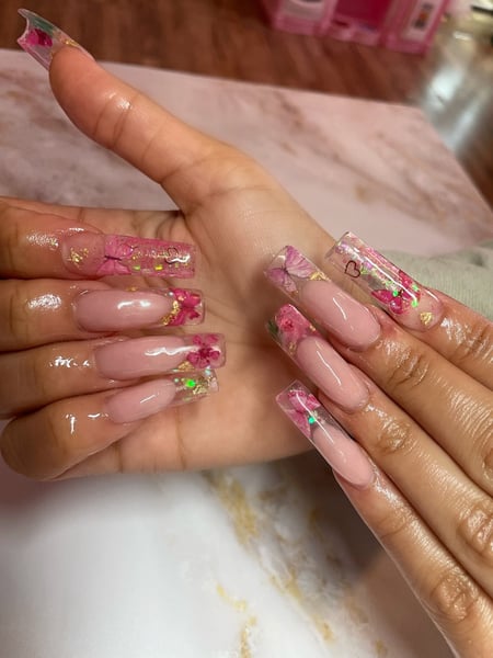 Image of  Manicure, Nails, Nail Length, Long, Medium, Nail Art, Nail Style, Accent Nail, Mix-and-Match, Stamps, Hand Painted, Reverse French, Glitter, Nail Color, Pastel, Clear, Beige, Pink, Gel, Nail Finish, Acrylic, Square, Nail Shape