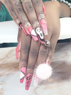 View Nails, Gel, Nail Finish, Nail Length, Long, Pink, Nail Color, White, Hand Painted, Nail Style, Nail Art - Jackie Coffee, Lakeland, FL