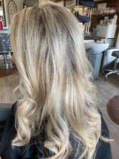 View Curly, Hair Color, Blonde, Highlights, Foilayage, Long, Hair Length, Layered, Haircuts, Women's Hair, Beachy Waves, Hairstyles, Balayage - Jess Marsh, Knoxville, TN
