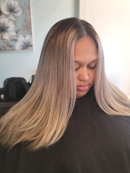 Image of  Blowout, Women's Hair, Permanent Hair Straightening, Keratin, Dominican Blowout, Silk Press, Hairstyles, Straight, Natural, Brunette, Hair Color, Foilayage, Highlights, Full Color, Color Correction, Ombré, Blonde, Long, Hair Length, Medium Length