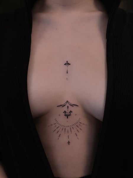 Image of  Tattoos, Tattoo Style, Tattoo Bodypart, Tattoo Colors, Abstract, Aesthetic, Black & Grey, Fine Line, Geometric, Line Art, Chest , Under Boob , Black 