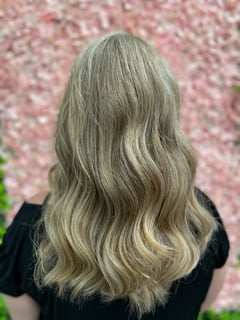 View Beachy Waves, Curls, Hair Length, Long Hair (Mid Back Length), Foilayage, Silver, Blowout, Women's Hair, Blonde, Color Correction, Full Color, Hair Color, Highlights, Layers, Haircut, Curly, Hairstyle - Alec Lamb, Cape Coral, FL