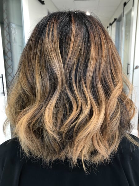 Image of  Women's Hair, Balayage, Hair Color, Black, Blonde, Color Correction, Foilayage, Ombré, Shoulder Length, Hair Length, Blunt, Haircuts, Layered, Beachy Waves, Hairstyles