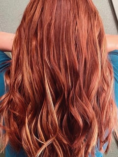 View Hair Color, Beachy Waves, Hairstyles, Layered, Haircuts, Long, Hair Length, Red, Highlights, Women's Hair - Chloe McEachron, Stockton, CA