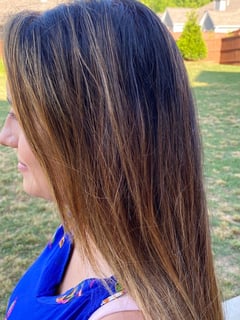 View Balayage, Hairstyles, Women's Hair, Natural, Layered, Bangs, Haircuts, Long, Hair Length, Foilayage, Brunette, Hair Color, Blowout - Michelle Burell, Woodstock, GA