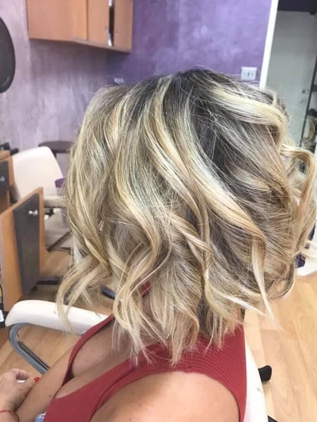 Image of  Women's Hair, Hair Color, Blonde, Bob, Haircuts, Curly, Hairstyles, Full Color, Foilayage
