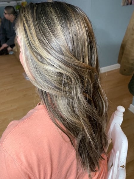 Image of  Women's Hair, Blowout, Hair Color, Balayage, Blonde, Brunette, Foilayage, Highlights, Hair Length, Medium Length, Haircuts, Layered, Hairstyles, Beachy Waves
