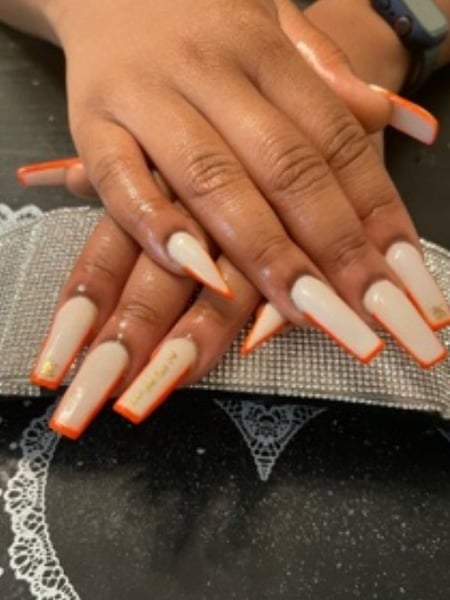 Image of  Nails, Acrylic, Nail Finish, Long, Nail Length, Orange, Nail Color, White, Stickers, Nail Style, Hand Painted, Square, Nail Shape, Stiletto