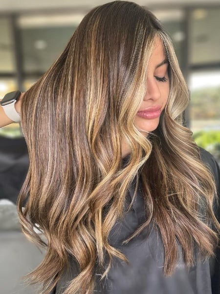 Image of  Blonde, Balayage, Long Hair (Mid Back Length), Hairstyle, Straight, Women's Hair, Hair Color, Hair Length