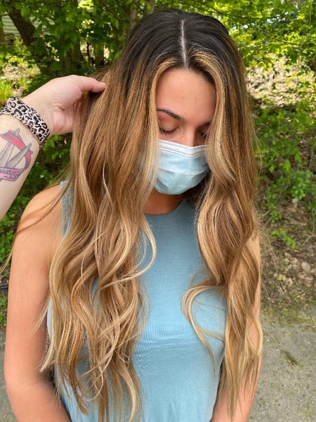 Image of  Layered, Haircuts, Women's Hair, Beachy Waves, Hairstyles, Brunette, Hair Color, Foilayage, Highlights, Color Correction, Blonde, Balayage, Long, Hair Length