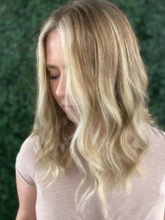 View Foilayage, Beachy Waves, Haircuts, Blunt, Hair Length, Medium Length, Hairstyles, Blonde, Balayage, Hair Color, Blowout, Women's Hair - Brittany Park, Chandler, AZ