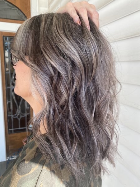 Image of  Women's Hair, Brunette, Hair Color, Color Correction, Highlights, Full Color, Silver, Shoulder Length, Hair Length, Beachy Waves, Hairstyles
