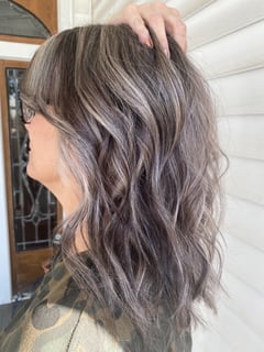 View Women's Hair, Brunette, Hair Color, Color Correction, Highlights, Full Color, Silver, Shoulder Length, Hair Length, Beachy Waves, Hairstyles - Kayley Bell, Griffin, GA
