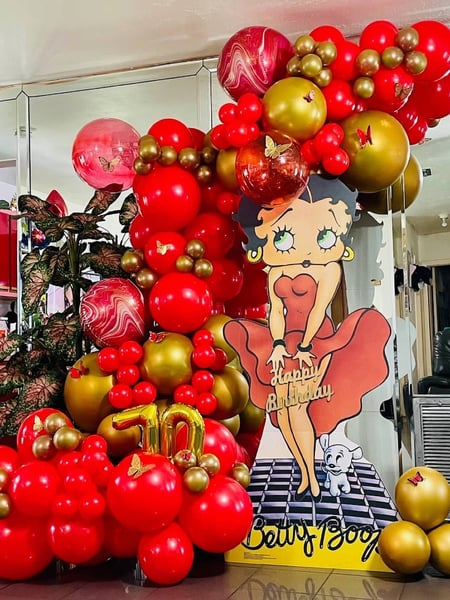 Image of  Balloon Decor, Arrangement Type, Balloon Wall, Balloon Composition, Balloon Garland, Balloon Arch, Event Type, Birthday, Colors, Gold, Red, Accents, Characters
