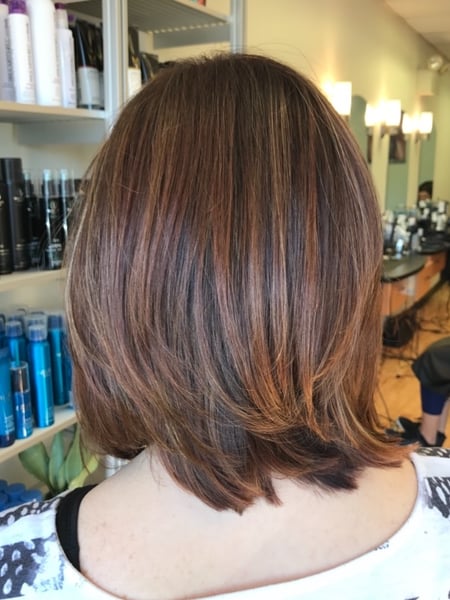 Image of  Women's Hair, Brunette, Hair Color, Red, Shoulder Length, Hair Length, Bob, Haircuts, Layered, Straight, Hairstyles