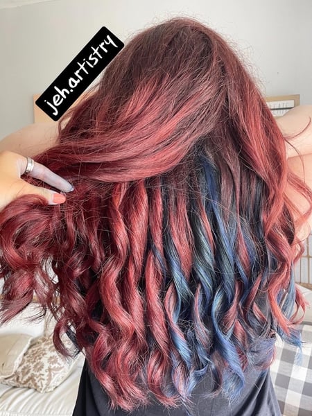 Image of  Women's Hair, Fashion Color, Hair Color, Balayage, Red, Curly, Hairstyles, Natural