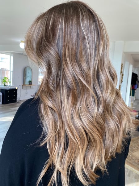 Image of  Women's Hair, Blowout, Balayage, Hair Color, Blonde, Brunette, Foilayage, Highlights, Hair Length, Long, Haircuts, Layered, Beachy Waves, Hairstyles