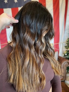 View Hair Color, Women's Hair, Blowout, Hairstyle, Beachy Waves, Haircut, Layers, Hair Length, Long Hair (Mid Back Length), Ombré, Foilayage, Blonde, Brunette Hair, Balayage - Sam Donato, Spring, TX