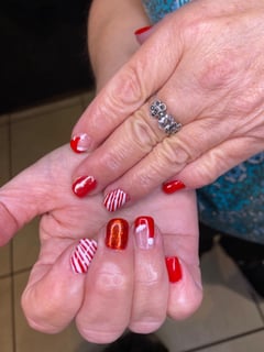 View Nails, French Manicure, Hand Painted, Nail Style, Accent Nail, Glitter, White, Squoval, Red, Nail Color, Clear, Nail Length, Short, Manicure, Nail Shape, Treatment, Nail Art, Nail Finish, Gel - Jenny Davis, Melbourne, FL