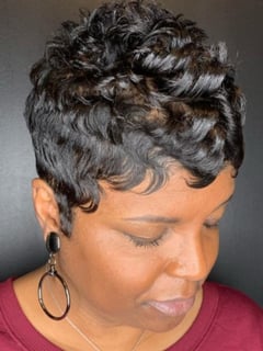 View Women's Hair, Hairstyle, Curls, Short Hair (Ear Length), Pixie, Hair Color, Black - Shaakira Arnold, Jonesboro, GA